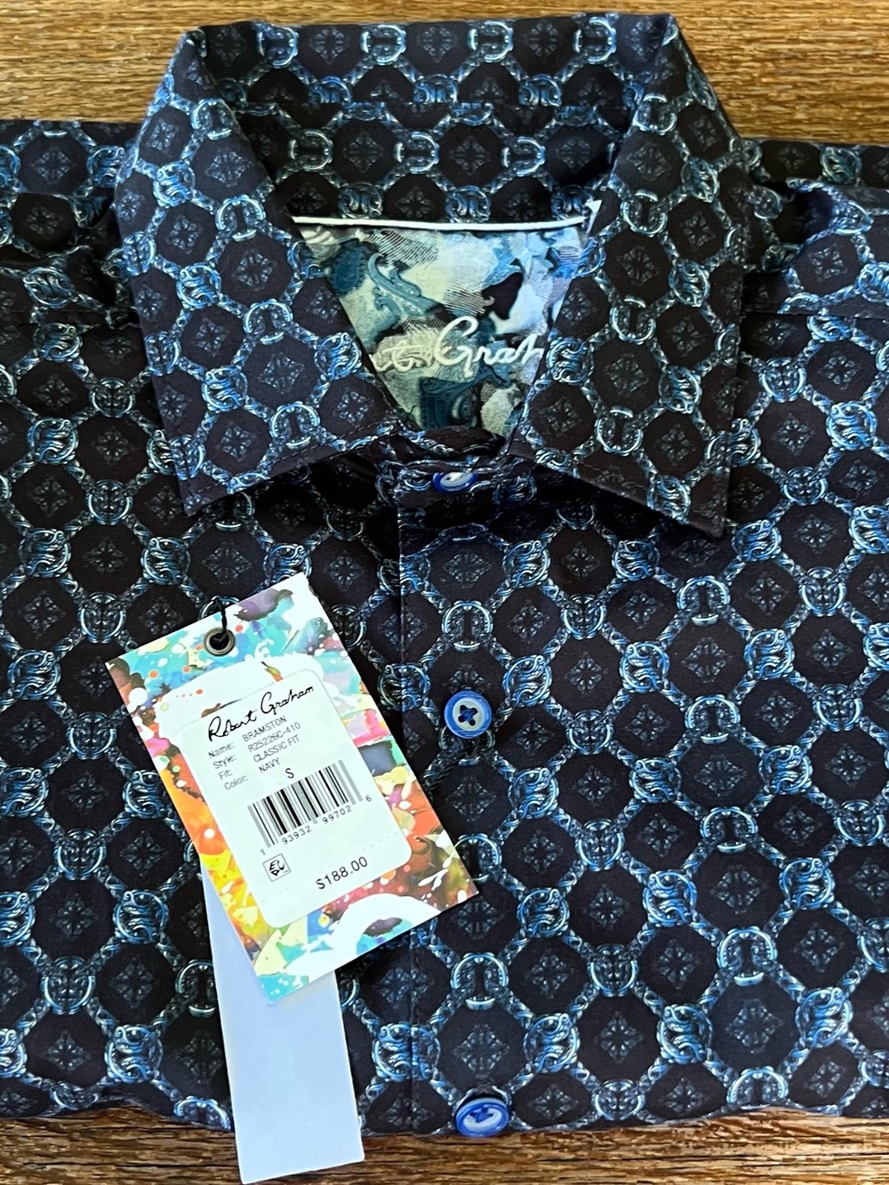 Robert Graham Bramston Navy Geometric Medallion Short Sleeve Shirt Small NWT - Picture 13 of 13